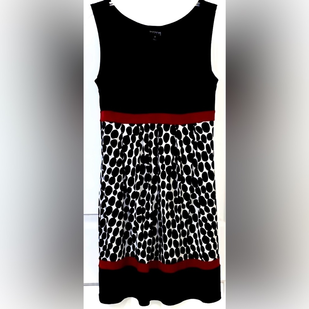 Enfocus Studio Black and White Polka Dot Mini Dress with Red Accents